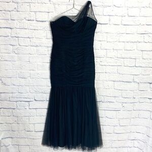Amsale black tulle one shoulder ruched mermaid dress 14